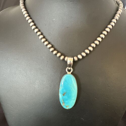 Navajo Blue Kingman Turquoise Pendant Necklace | Sterling Silver | 20" | Authentic Native American Handmade | 16992
