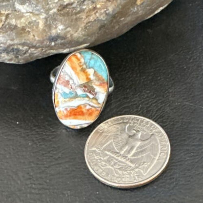 Navajo Turquoise Spiny Oyster Ring | Sterling Silver | Sz 8 | Authentic Native American Handmade | 16614