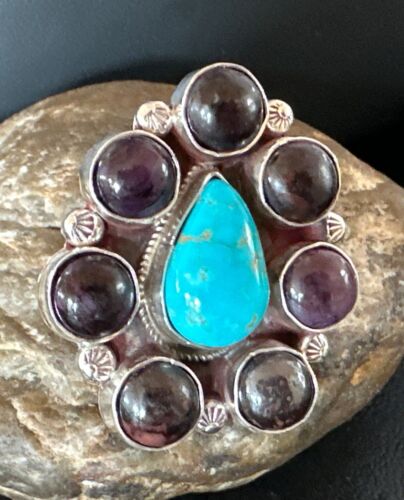 Navajo Cluster Blue Kingman Turquoise Sugilite Ring | Authentic Native American Sterling Silver | Multi-Stone | Sz 7 | 16772