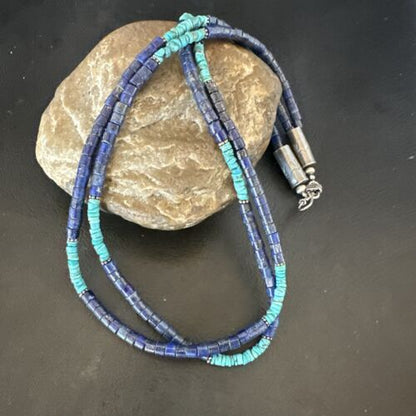Navajo Blue Turquoise Lapis Necklace | Sterling Silver | 22" | Authentic Native American Handmade | 17554