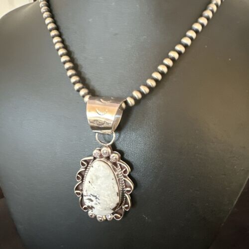 Men's White Buffalo Turquoise Pendant | Navajo Pearl Sterling Silver Necklace 21" | Handmade Jewelry | 17044