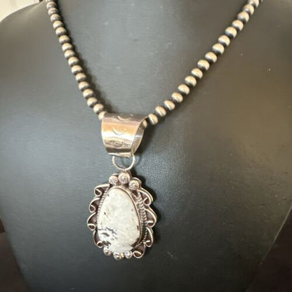 Men's White Buffalo Turquoise Pendant | Navajo Pearl Sterling Silver Necklace 21" | Handmade Jewelry | 17044