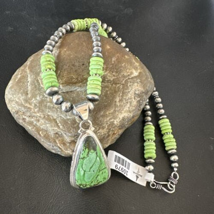 Navajo Green Gaspeite Pendant Necklace | Sterling Silver | Authentic Native American Handmade | 10979