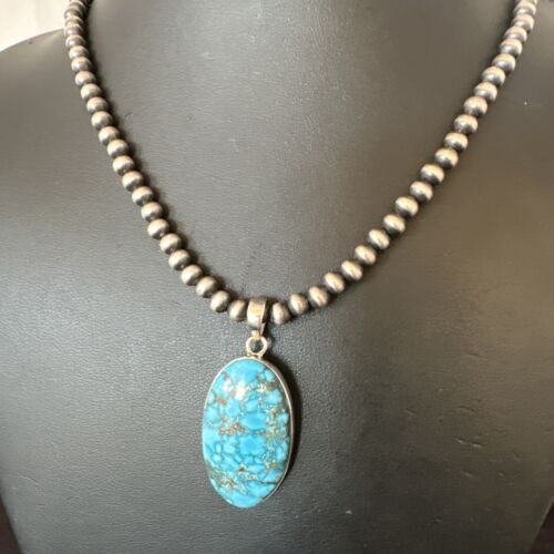 Men's Navajo Blue Spiderweb Turquoise Pendant Necklace | Sterling Silver | Authentic Native American Handmade | 16301