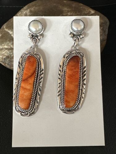Navajo Red Spiny Oyster Pearl Dangle Earrings | Sterling Silver | Authentic Native American Handmade | 15325