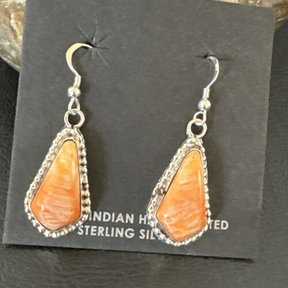 Navajo Orange Spiny Oyster Dangle Earrings | Sterling Silver | Authentic Native American Handmade | 17264