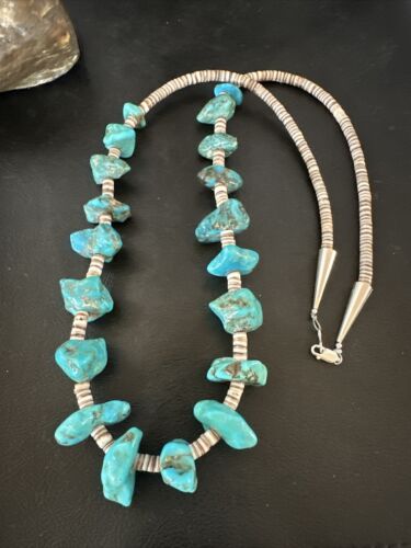 Navajo Kingman Turquoise Shell Heishi Bead Necklace | Sterling Silver | 28" | Authentic Native American Handmade | 17448