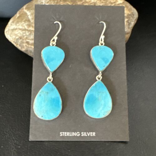 Navajo Blue Kingman Turquoise Dangle Earrings | Sterling Silver | Authentic Native American Handmade | 15108