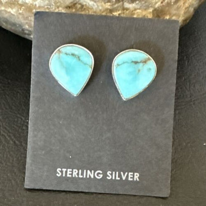 Navajo Blue Kingman Turquoise Post Stud Earrings | Sterling Silver | Authentic Native American Handmade | 17467