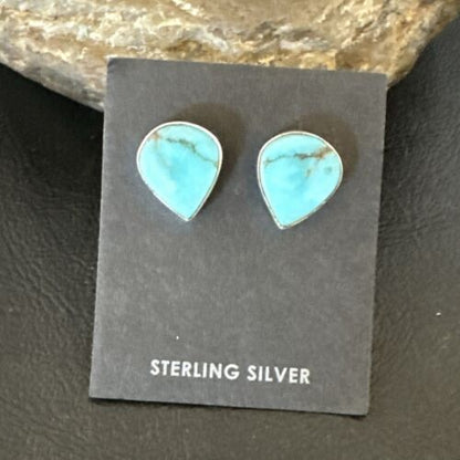 Navajo Blue Kingman Turquoise Post Stud Earrings | Sterling Silver | Authentic Native American Handmade | 17467
