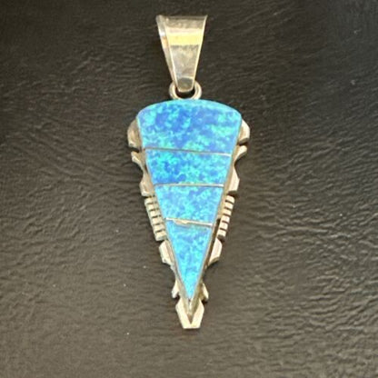 Navajo Arrowhead Blue Opal Inlay Pendant Necklace | Sterling Silver | Authentic Native American Handmade | 15677