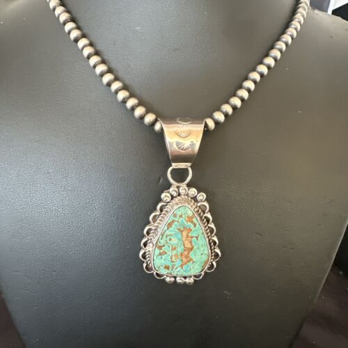 Women's Royston Turquoise Pendant Necklace | Navajo Pearls | Sterling Silver | Authentic Native American Handmade | 17062