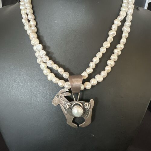 Navajo Old Pawn White Freshwater Pearl Sterling Silver Pendant Necklace | 14" Multi-Strand | 17369