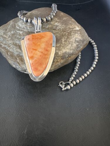 Navajo Pearls Orange Spiny Oyster Necklace Pendant | Sterling Silver | Authentic Native American Handmade | 15003
