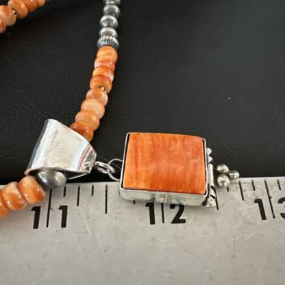 Navajo Pearls Necklace with Orange Spiny Oyster Pendant | Sterling Silver | Authentic Native American Handmade | 17050