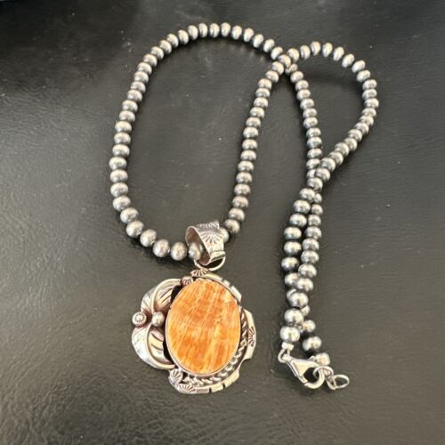 Navajo Orange Spiny Oyster Pendant Necklace | Sterling Silver Pearls | Authentic Native American Handmade | 16559