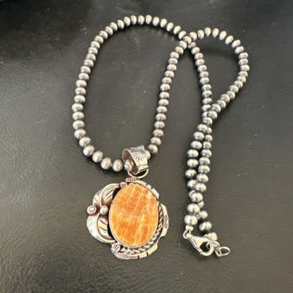 Navajo Orange Spiny Oyster Pendant Necklace | Sterling Silver Pearls | Authentic Native American Handmade | 16559