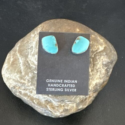 Navajo Blue Kingman Turquoise Post Stud Earrings | Sterling Silver | Authentic Native American Handmade | 17468