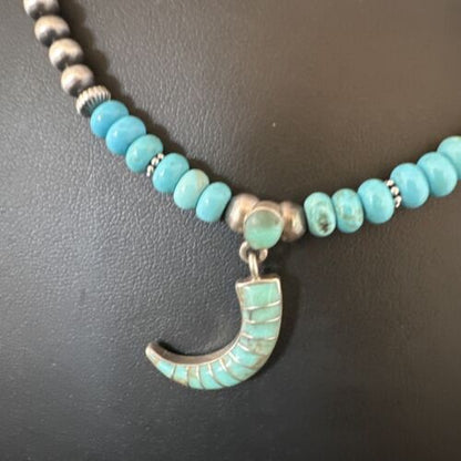 Navajo Blue Turquoise Inlay Pendant | Sterling Silver Necklace | Authentic Native American Handmade | 15422