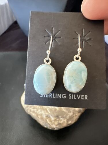 Navajo Blue Larimar Dangle Earrings | Sterling Silver | Authentic Native American Handmade | 17295