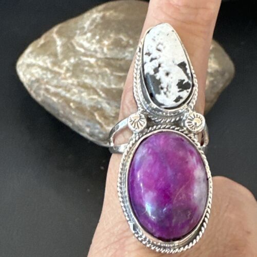Navajo White Buffalo Turquoise Sugilite Ring | Authentic Native American Sterling Silver | Multi-Stone | Sz 9.5 | 16718