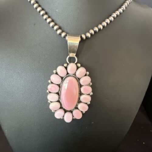 Navajo Pearls Pink Conch Necklace with Multi-Stone Cluster Pendant | Authentic Native American Handmade | 16062