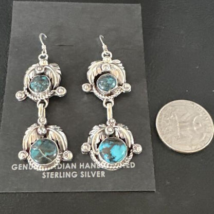 Navajo Blue Spiderweb Turquoise Dangle Earrings | Sterling Silver | Authentic Native American Handmade | 16012