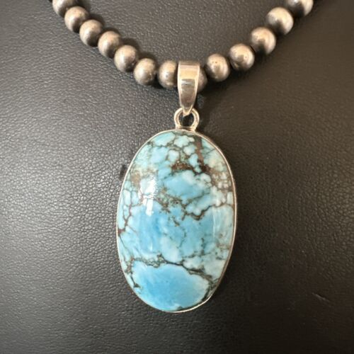 Navajo Blue Spiderweb Turquoise Pendant Necklace | Sterling Silver | Authentic Native American Handmade | 17027