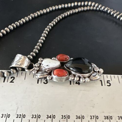 Navajo White Buffalo Coral Onyx Pearls Cluster Pendant | Sterling Silver | Native American Handmade | 15368
