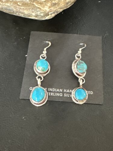 Kingman Turquoise Dangle Earrings | Navajo Sterling Silver | Authentic Native American Handmade | 14865
