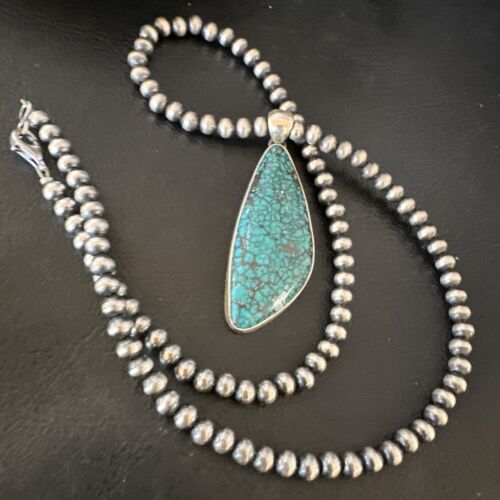 Men's Navajo Blue Spiderweb Turquoise Pendant Necklace | Sterling Silver | Authentic Native American Handmade | 16221