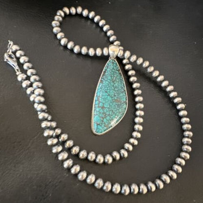 Men's Navajo Blue Spiderweb Turquoise Pendant Necklace | Sterling Silver | Authentic Native American Handmade | 16221