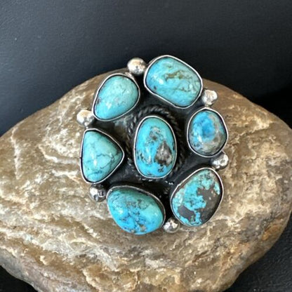 Navajo Blue Kingman Turquoise Cluster Ring | Authentic Native American Sterling Silver | Multi-Stone | Sz 10 | 17644