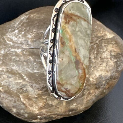 Navajo Ribbon Boulder Green Turquoise Ring | Sterling Silver | Sz 10 | Authentic Native American Handmade | 16255