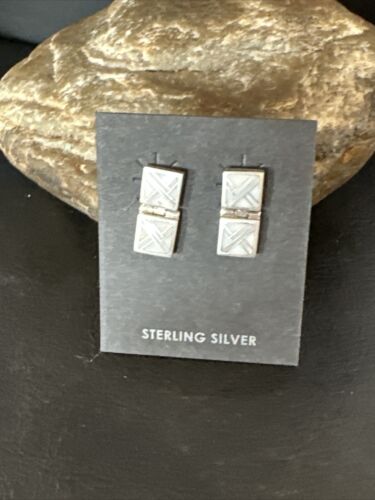Navajo White Buffalo Turquoise Inlay Post Earrings | Sterling Silver | Authentic Native American Handmade | 15312