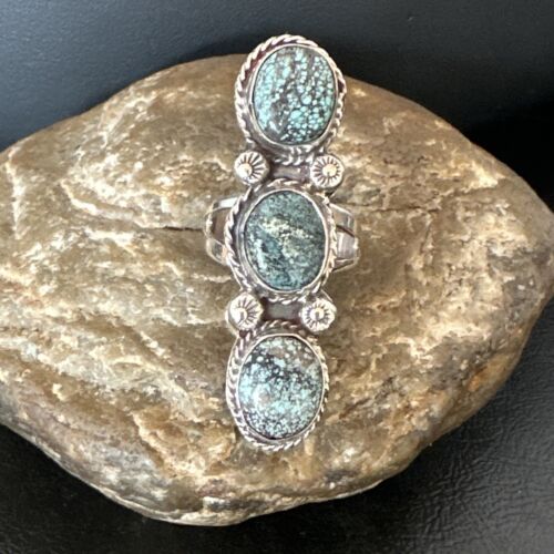 Navajo Blue Spiderweb Turquoise Multi-Stone Ring | Authentic Native American Sterling Silver | Sz 9 | 16707
