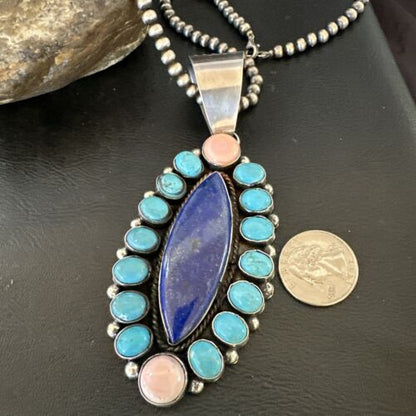 Navajo Multi-Stone Necklace | Lapis, Pink, Blue Turquoise | Sterling Silver | Authentic Native American Handmade | 17455