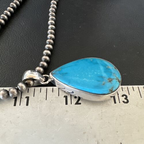 Navajo Blue Kingman Turquoise Pendant Necklace | Sterling Silver | 20" | Authentic Native American Handmade | 16725