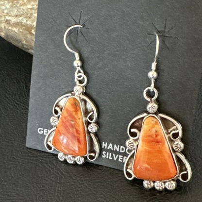 Navajo Orange Spiny Oyster Dangle Earrings | Sterling Silver | Authentic Native American Handmade | 17269