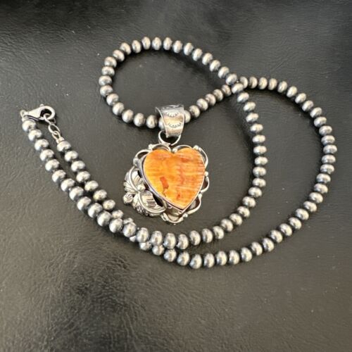 Navajo Orange Spiny Oyster Heart Pendant Necklace | Sterling Silver | Authentic Native American Handmade | 16447