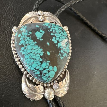 Men's Blue Spiderweb Turquoise Bolo Tie | Navajo Sterling Silver | Authentic Native American Handmade | 15012