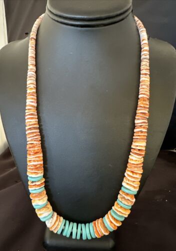 Navajo Sterling Silver Blue Turquoise & Spiny Oyster Graduated Necklace | Authentic Native American | 23" | 16902