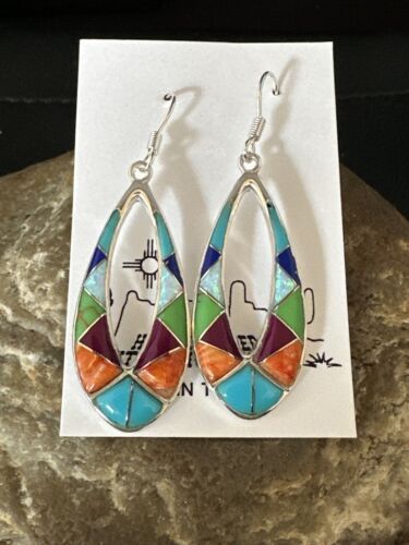 Southwestern Sterling Silver Multi-Color Turquoise Lapis Inlay Earrings | Authentic Native American Handmade | 14938 - Masha USA