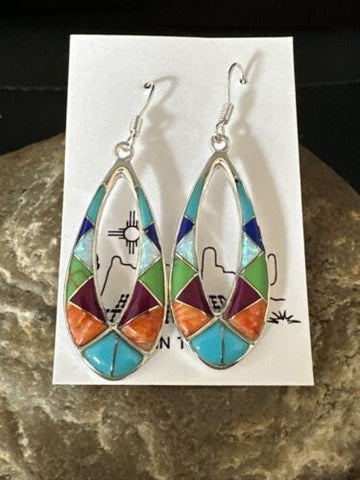 Southwestern Sterling Silver Multi-Color Turquoise Lapis Inlay Earrings 14938