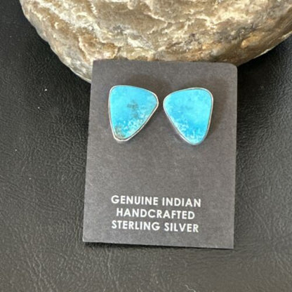 Navajo Blue Kingman Turquoise Post Stud Earrings | Sterling Silver | Authentic Native American Handmade | 17412