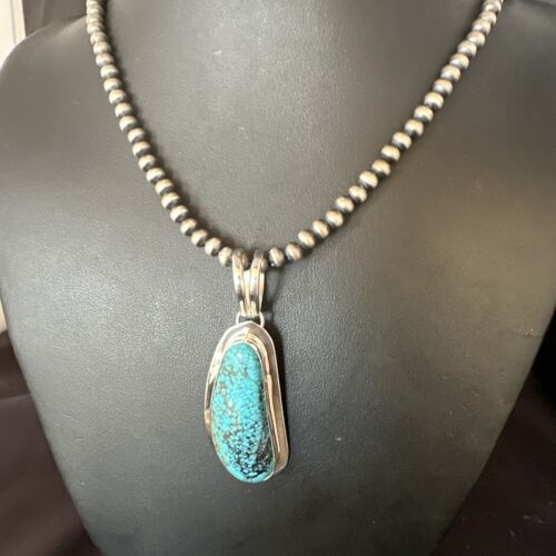 Men's Blue Spiderweb Turquoise Pendant Necklace | Navajo Sterling Silver | Authentic Native American Handmade | 14971