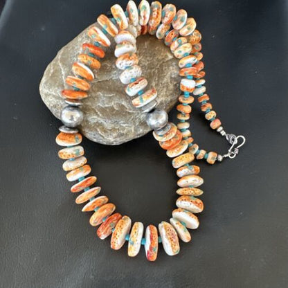 Navajo Blue Turquoise & Spiny Oyster Graduated Necklace | Sterling Silver | Authentic Native American | 24" | 16263 - Masha USA