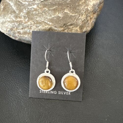 Southwestern Navajo Coffee Tiger's Eye Dangle Earrings | Sterling Silver | Authentic Native American Handmade | 16964