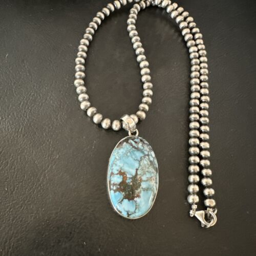 Navajo Blue Spiderweb Turquoise Pendant Necklace | Sterling Silver | Authentic Native American Handmade | 17022