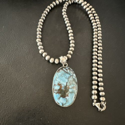 Navajo Blue Spiderweb Turquoise Pendant Necklace | Sterling Silver | Authentic Native American Handmade | 17022